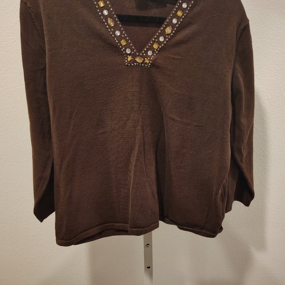 First Issue Women's V-Neck 3/4 Sleeve Top Embellished with Jewels Brown - Picture 4 of 10